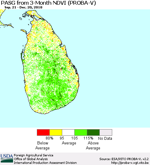 Sri Lanka PASG from 3-Month NDVI (PROBA-V) Thematic Map For 12/11/2018 - 12/20/2018