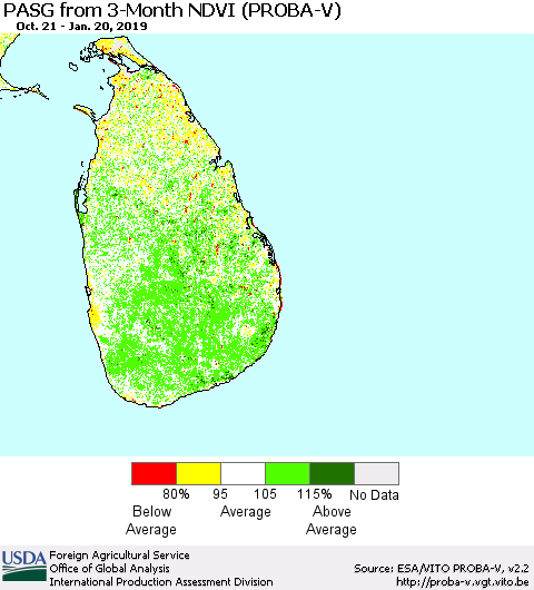 Sri Lanka PASG from 3-Month NDVI (PROBA-V) Thematic Map For 1/11/2019 - 1/20/2019