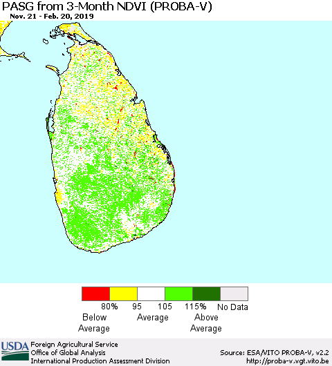 Sri Lanka PASG from 3-Month NDVI (PROBA-V) Thematic Map For 2/11/2019 - 2/20/2019