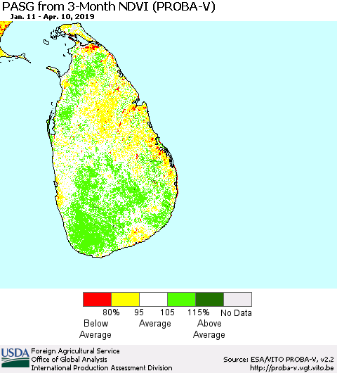 Sri Lanka PASG from 3-Month NDVI (PROBA-V) Thematic Map For 4/1/2019 - 4/10/2019
