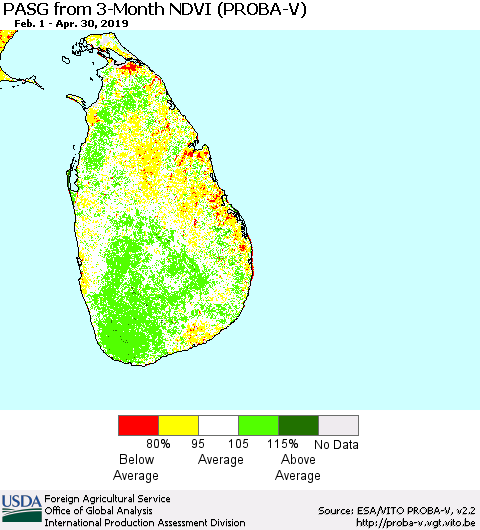 Sri Lanka PASG from 3-Month NDVI (PROBA-V) Thematic Map For 4/21/2019 - 4/30/2019