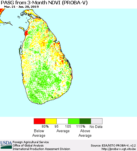 Sri Lanka PASG from 3-Month NDVI (PROBA-V) Thematic Map For 6/11/2019 - 6/20/2019