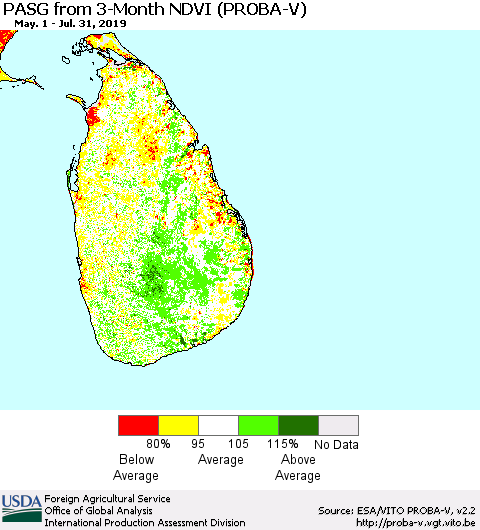 Sri Lanka PASG from 3-Month NDVI (PROBA-V) Thematic Map For 7/21/2019 - 7/31/2019