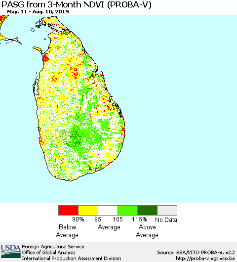 Sri Lanka PASG from 3-Month NDVI (PROBA-V) Thematic Map For 8/1/2019 - 8/10/2019
