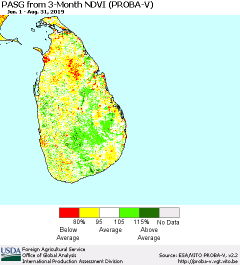 Sri Lanka PASG from 3-Month NDVI (PROBA-V) Thematic Map For 8/21/2019 - 8/31/2019