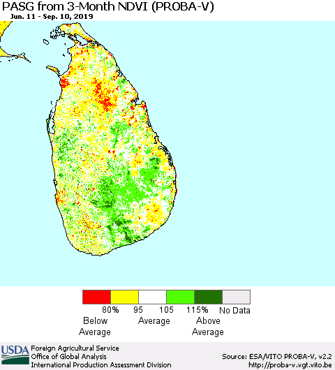 Sri Lanka PASG from 3-Month NDVI (PROBA-V) Thematic Map For 9/1/2019 - 9/10/2019