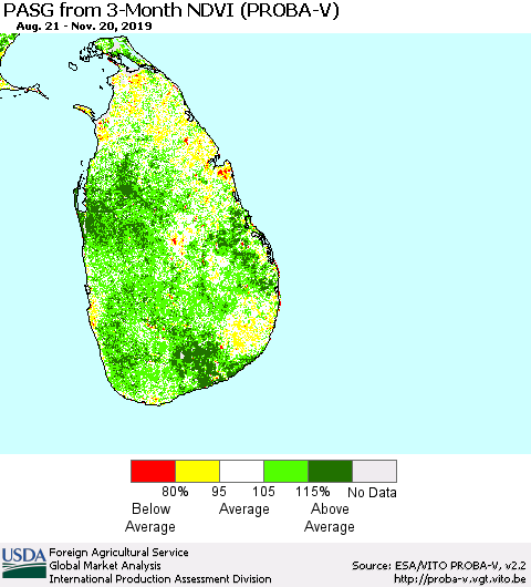 Sri Lanka PASG from 3-Month NDVI (PROBA-V) Thematic Map For 11/11/2019 - 11/20/2019