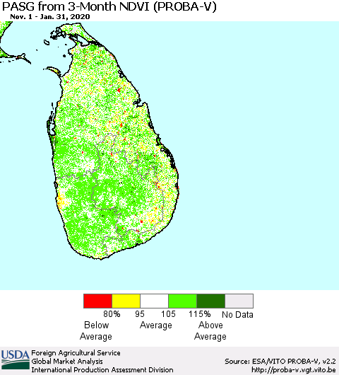 Sri Lanka PASG from 3-Month NDVI (PROBA-V) Thematic Map For 1/21/2020 - 1/31/2020