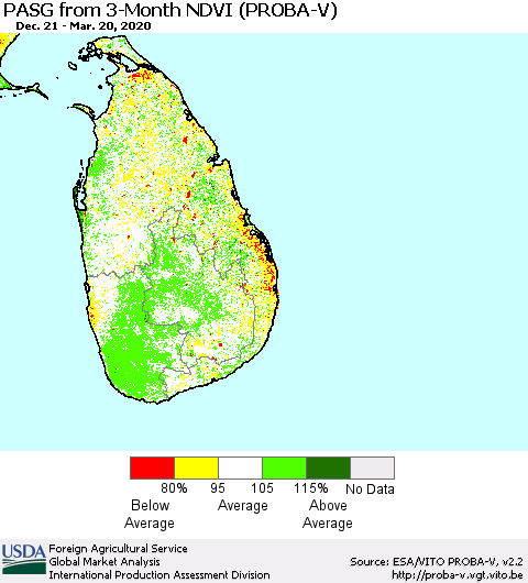Sri Lanka PASG from 3-Month NDVI (PROBA-V) Thematic Map For 3/11/2020 - 3/20/2020