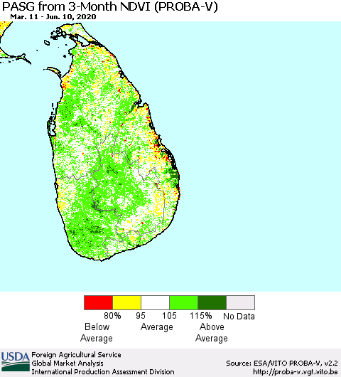 Sri Lanka PASG from 3-Month NDVI (PROBA-V) Thematic Map For 6/1/2020 - 6/10/2020