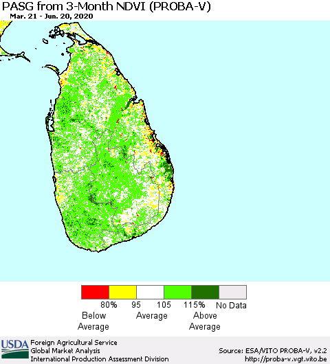 Sri Lanka PASG from 3-Month NDVI (PROBA-V) Thematic Map For 6/11/2020 - 6/20/2020