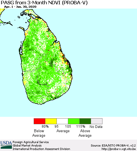 Sri Lanka PASG from 3-Month NDVI (PROBA-V) Thematic Map For 6/21/2020 - 6/30/2020