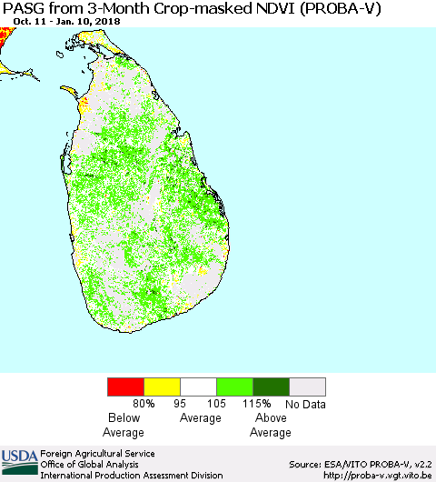 Sri Lanka PASG from 3-Month Crop-masked NDVI (PROBA-V) Thematic Map For 1/1/2018 - 1/10/2018