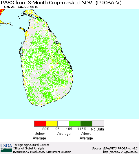 Sri Lanka PASG from 3-Month Crop-masked NDVI (PROBA-V) Thematic Map For 1/11/2018 - 1/20/2018