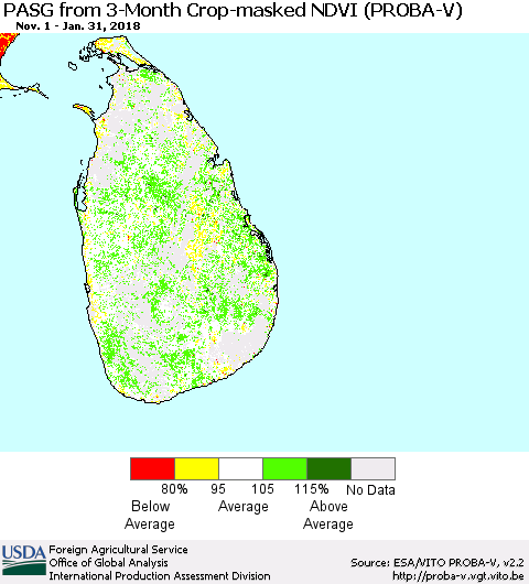 Sri Lanka PASG from 3-Month Crop-masked NDVI (PROBA-V) Thematic Map For 1/21/2018 - 1/31/2018