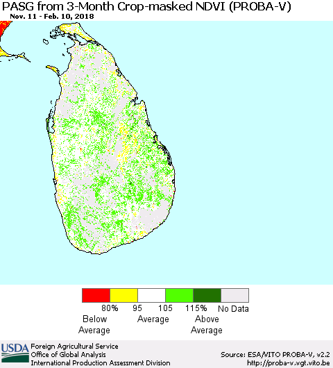 Sri Lanka PASG from 3-Month Crop-masked NDVI (PROBA-V) Thematic Map For 2/1/2018 - 2/10/2018