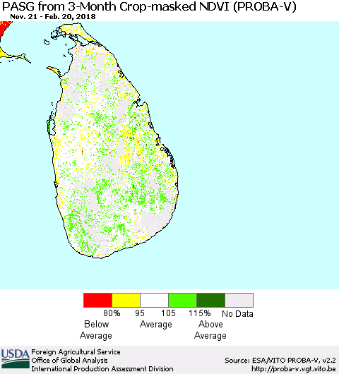 Sri Lanka PASG from 3-Month Crop-masked NDVI (PROBA-V) Thematic Map For 2/11/2018 - 2/20/2018