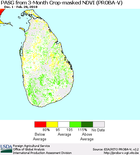 Sri Lanka PASG from 3-Month Crop-masked NDVI (PROBA-V) Thematic Map For 2/21/2018 - 2/28/2018