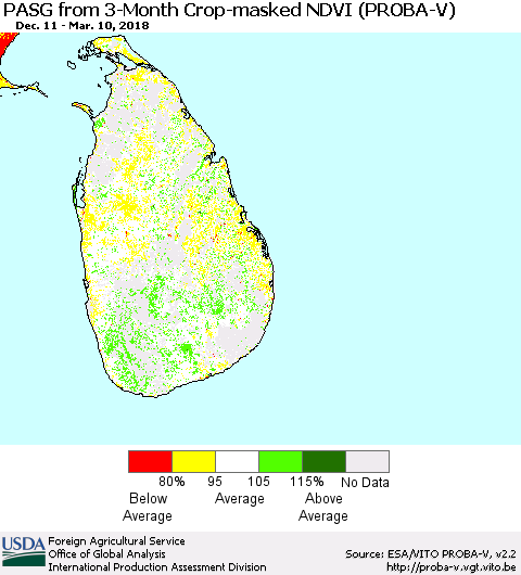 Sri Lanka PASG from 3-Month Crop-masked NDVI (PROBA-V) Thematic Map For 3/1/2018 - 3/10/2018
