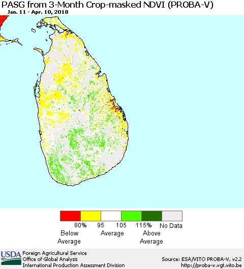 Sri Lanka PASG from 3-Month Crop-masked NDVI (PROBA-V) Thematic Map For 4/1/2018 - 4/10/2018