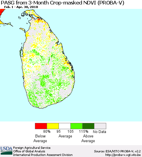 Sri Lanka PASG from 3-Month Crop-masked NDVI (PROBA-V) Thematic Map For 4/21/2018 - 4/30/2018
