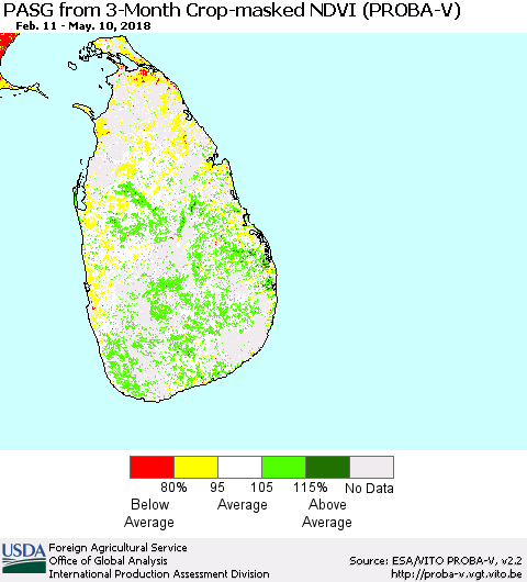 Sri Lanka PASG from 3-Month Crop-masked NDVI (PROBA-V) Thematic Map For 5/1/2018 - 5/10/2018