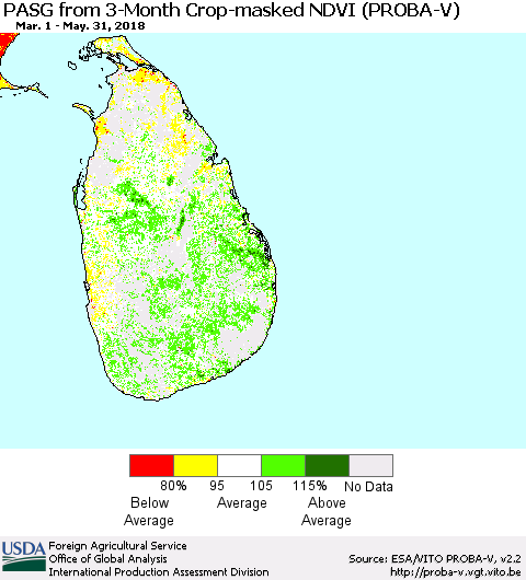 Sri Lanka PASG from 3-Month Crop-masked NDVI (PROBA-V) Thematic Map For 5/21/2018 - 5/31/2018