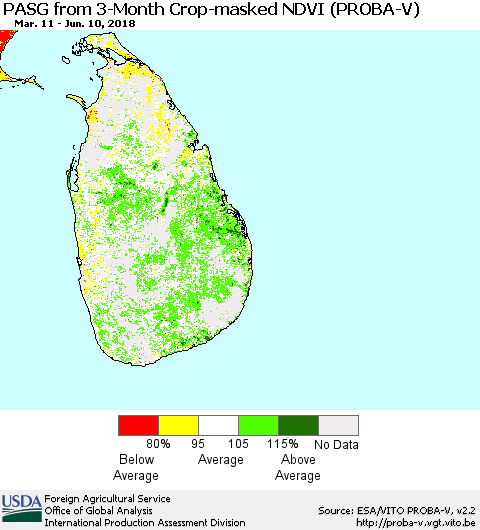 Sri Lanka PASG from 3-Month Crop-masked NDVI (PROBA-V) Thematic Map For 6/1/2018 - 6/10/2018