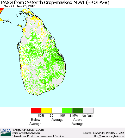 Sri Lanka PASG from 3-Month Crop-masked NDVI (PROBA-V) Thematic Map For 6/11/2018 - 6/20/2018