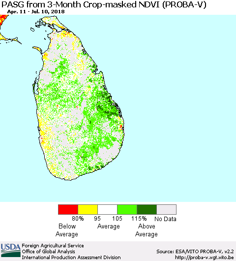Sri Lanka PASG from 3-Month Crop-masked NDVI (PROBA-V) Thematic Map For 7/1/2018 - 7/10/2018