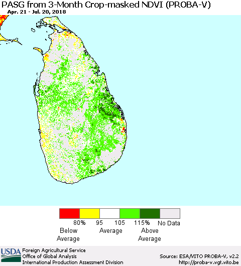 Sri Lanka PASG from 3-Month Crop-masked NDVI (PROBA-V) Thematic Map For 7/11/2018 - 7/20/2018