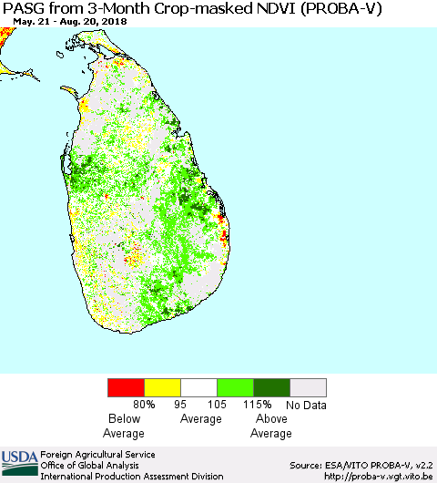 Sri Lanka PASG from 3-Month Crop-masked NDVI (PROBA-V) Thematic Map For 8/11/2018 - 8/20/2018