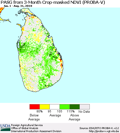 Sri Lanka PASG from 3-Month Crop-masked NDVI (PROBA-V) Thematic Map For 8/21/2018 - 8/31/2018