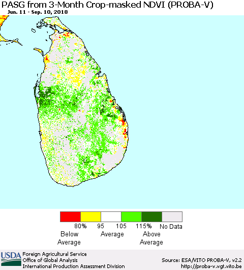 Sri Lanka PASG from 3-Month Crop-masked NDVI (PROBA-V) Thematic Map For 9/1/2018 - 9/10/2018