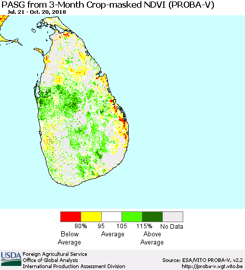 Sri Lanka PASG from 3-Month Crop-masked NDVI (PROBA-V) Thematic Map For 10/11/2018 - 10/20/2018