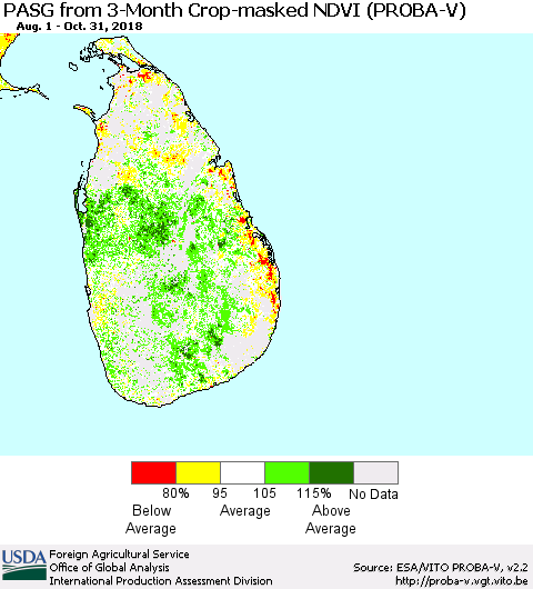 Sri Lanka PASG from 3-Month Crop-masked NDVI (PROBA-V) Thematic Map For 10/21/2018 - 10/31/2018