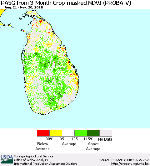 Sri Lanka PASG from 3-Month Crop-masked NDVI (PROBA-V) Thematic Map For 11/11/2018 - 11/20/2018