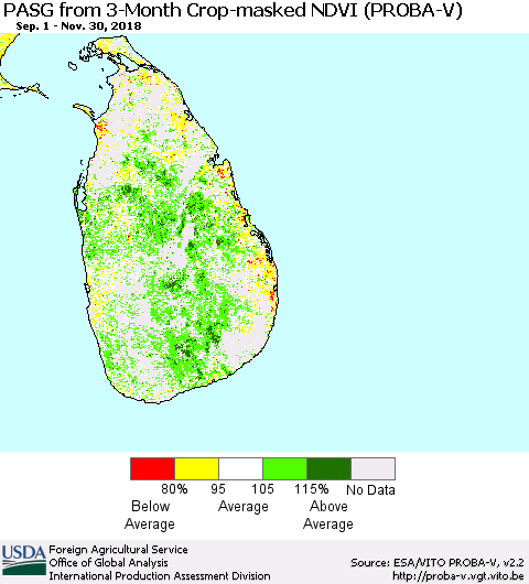 Sri Lanka PASG from 3-Month Crop-masked NDVI (PROBA-V) Thematic Map For 11/21/2018 - 11/30/2018