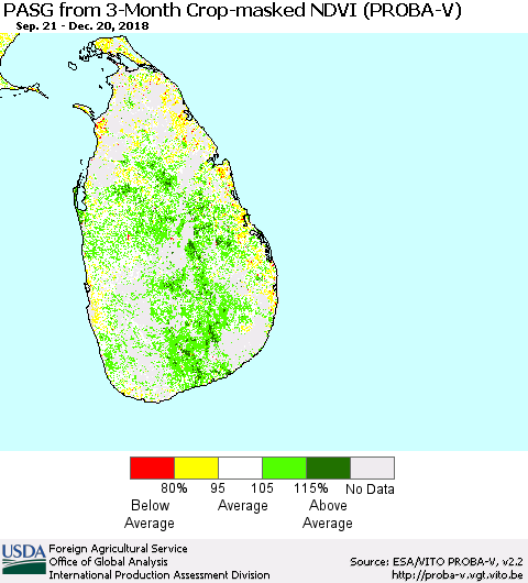 Sri Lanka PASG from 3-Month Crop-masked NDVI (PROBA-V) Thematic Map For 12/11/2018 - 12/20/2018