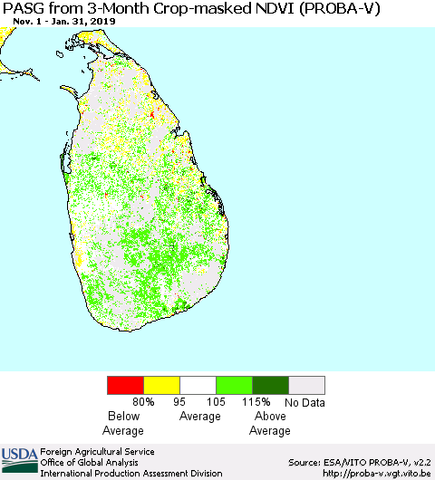 Sri Lanka PASG from 3-Month Crop-masked NDVI (PROBA-V) Thematic Map For 1/21/2019 - 1/31/2019