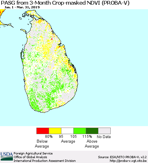 Sri Lanka PASG from 3-Month Crop-masked NDVI (PROBA-V) Thematic Map For 3/21/2019 - 3/31/2019