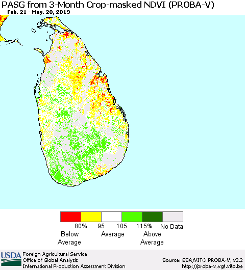 Sri Lanka PASG from 3-Month Crop-masked NDVI (PROBA-V) Thematic Map For 5/11/2019 - 5/20/2019