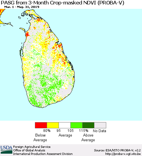 Sri Lanka PASG from 3-Month Crop-masked NDVI (PROBA-V) Thematic Map For 5/21/2019 - 5/31/2019