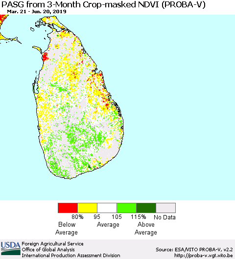 Sri Lanka PASG from 3-Month Crop-masked NDVI (PROBA-V) Thematic Map For 6/11/2019 - 6/20/2019