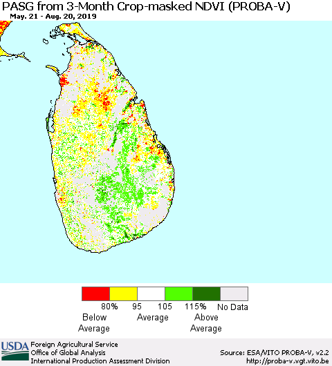 Sri Lanka PASG from 3-Month Crop-masked NDVI (PROBA-V) Thematic Map For 8/11/2019 - 8/20/2019