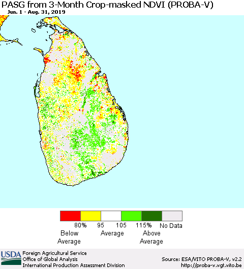 Sri Lanka PASG from 3-Month Crop-masked NDVI (PROBA-V) Thematic Map For 8/21/2019 - 8/31/2019
