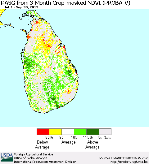 Sri Lanka PASG from 3-Month Crop-masked NDVI (PROBA-V) Thematic Map For 9/21/2019 - 9/30/2019