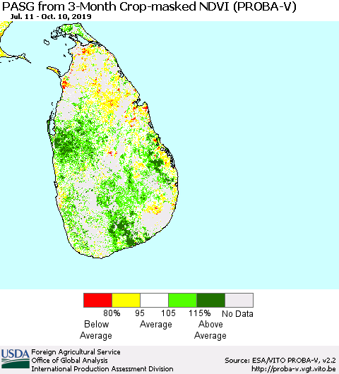 Sri Lanka PASG from 3-Month Crop-masked NDVI (PROBA-V) Thematic Map For 10/1/2019 - 10/10/2019
