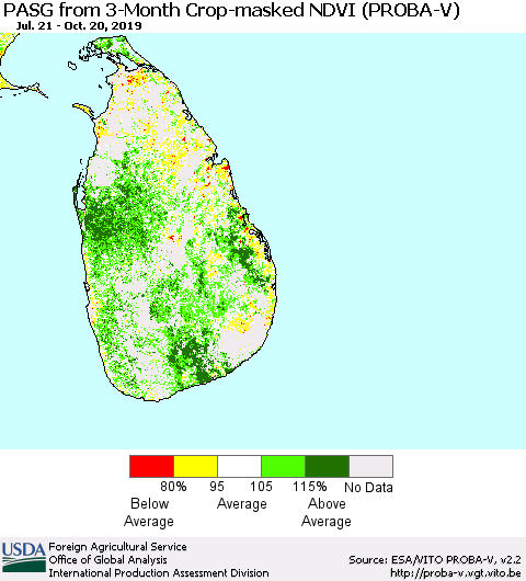 Sri Lanka PASG from 3-Month Crop-masked NDVI (PROBA-V) Thematic Map For 10/11/2019 - 10/20/2019