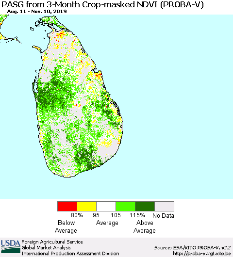 Sri Lanka PASG from 3-Month Crop-masked NDVI (PROBA-V) Thematic Map For 11/1/2019 - 11/10/2019